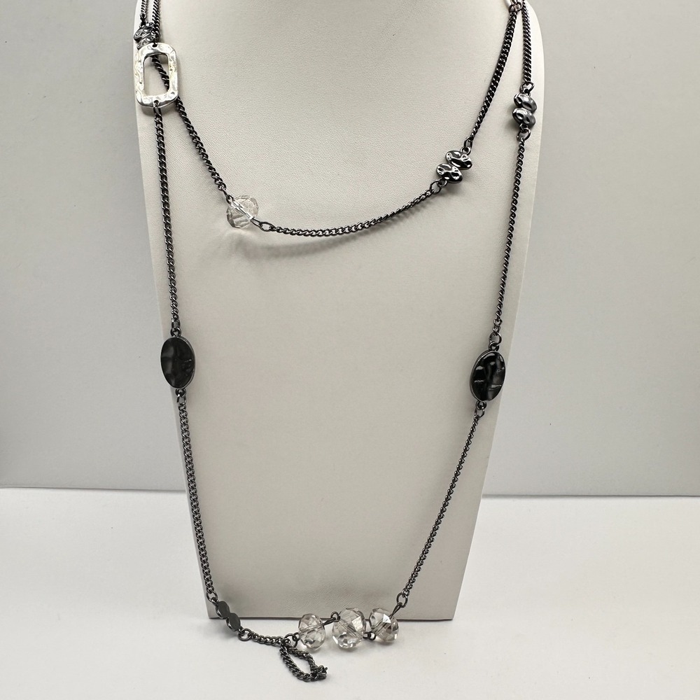 Vintage 80s Gunmetal Station Necklace Clear Beads Black Pendant Jewelry